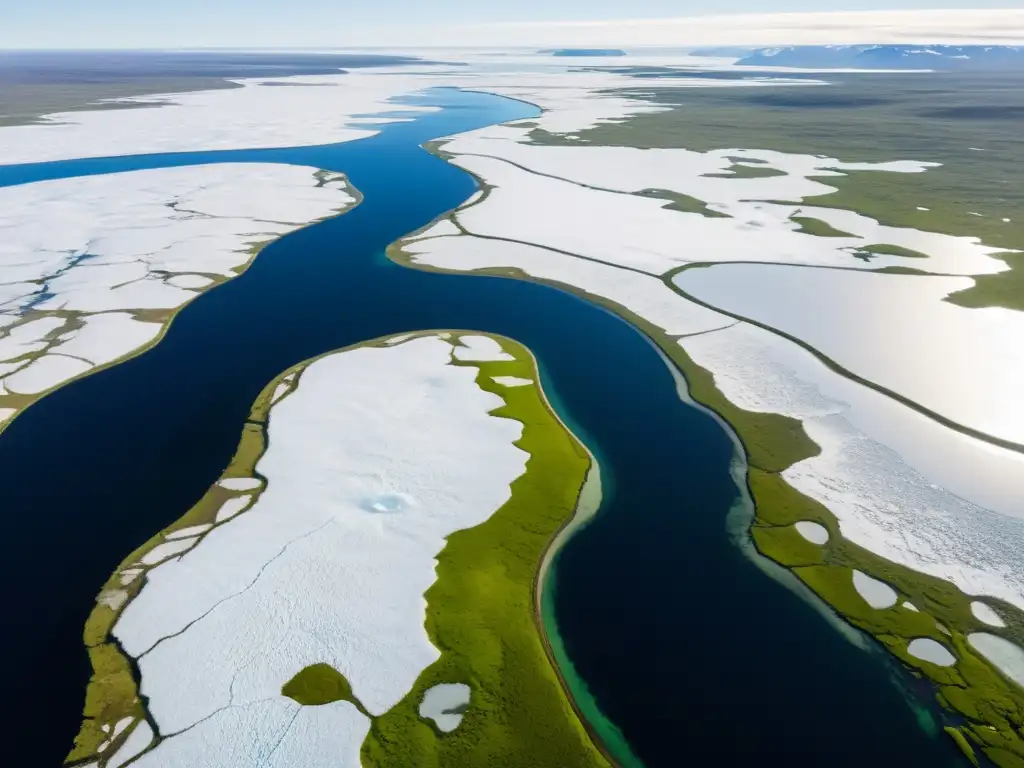 Vista aérea impresionante de la tundra ártica con ríos y lagos helados, efectos del descongelamiento del permafrost