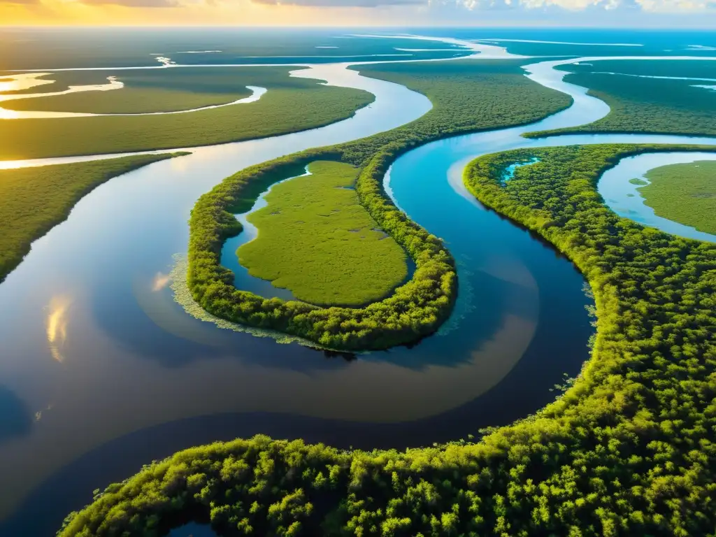 Vista aérea impresionante del vasto ecosistema Everglades Florida Zonas Húmedas, con paisajes verdes y vida silvestre en movimiento