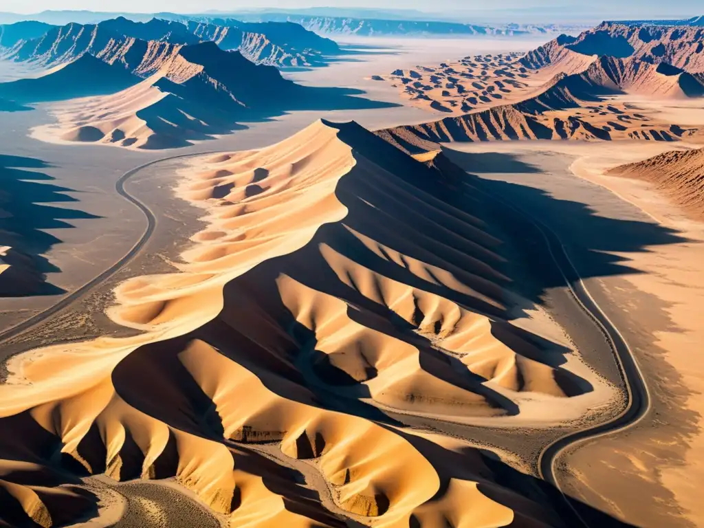 Vista aérea impresionante de un vasto desierto árido, con patrones de dunas y lechos de ríos secos