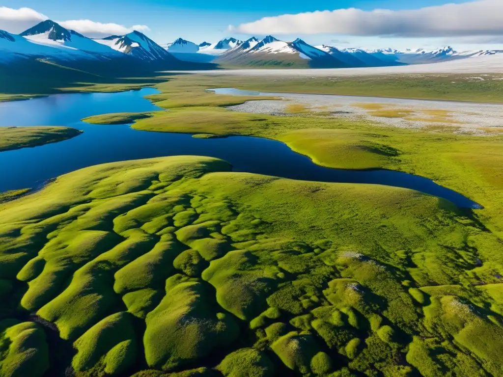 Vista aérea impresionante del vasto paisaje tundra, con colinas verdes, parches de nieve y un cielo azul