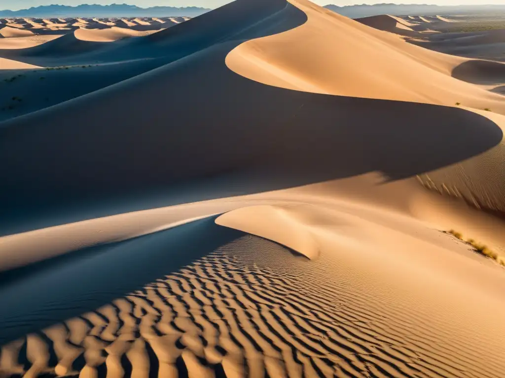 Vista aérea impresionante de un vasto paisaje desértico, con dunas de arena y plantas, mostrando la belleza y biodiversidad de zonas áridas