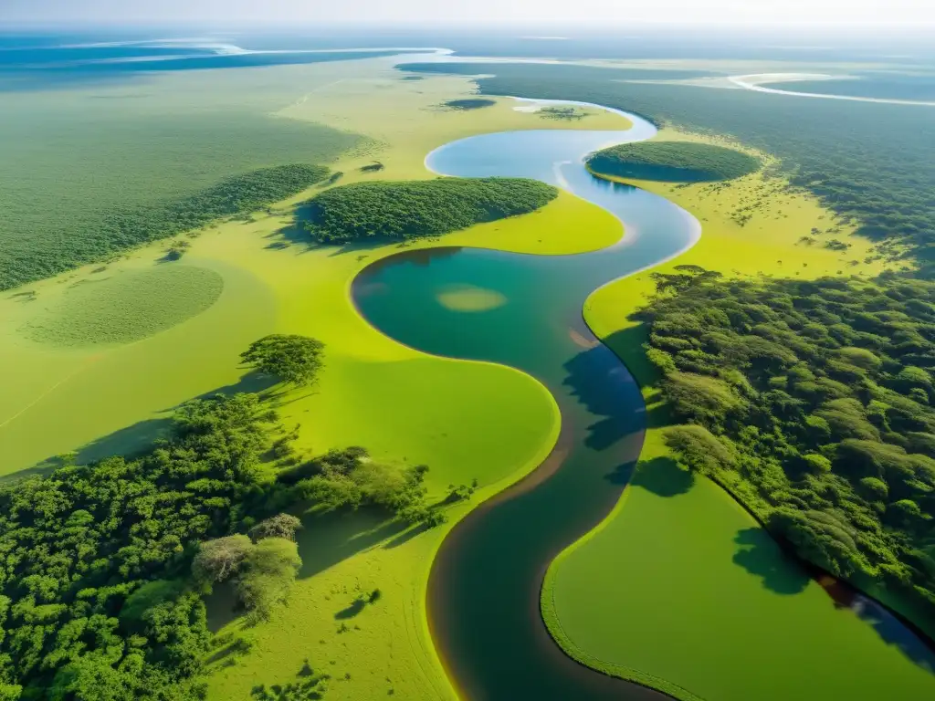 Vista aérea impresionante de la vitalidad de la sabana, resaltando la importancia de los recursos hídricos para la biodiversidad