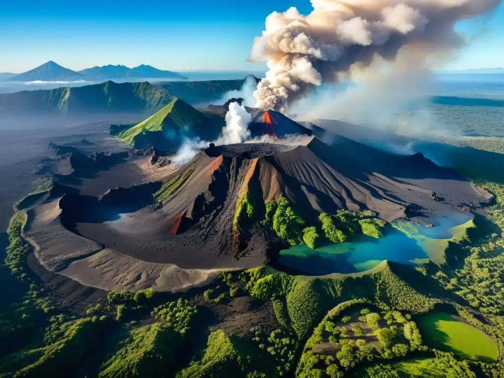 Vista aérea impresionante de un volcán activo, con columnas de humo y ceniza elevándose sobre un paisaje exuberante