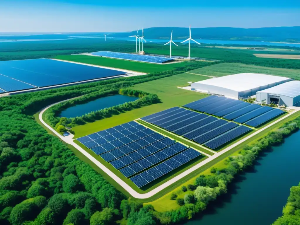 Vista aérea de instalación industrial moderna con energía sostenible y hermoso paisaje natural, demostrando la formación ISO 14001 Gestión Ambiental