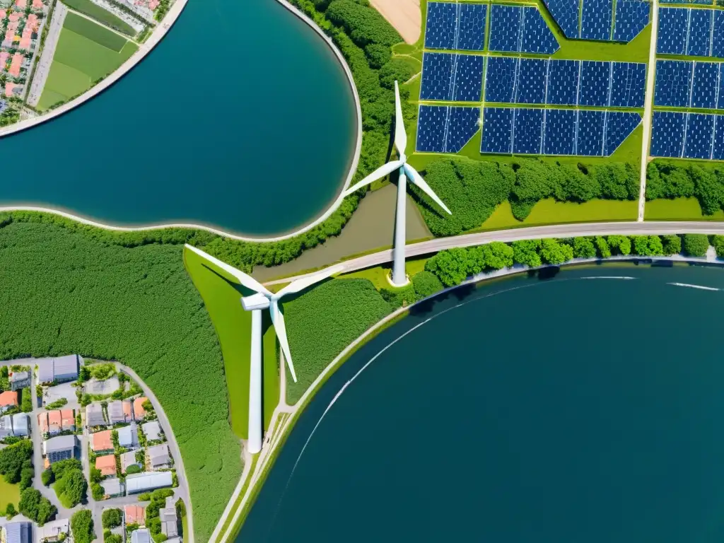 Vista aérea de infraestructuras resilientes al clima en una ciudad costera, con barreras contra inundaciones, espacios verdes y sistemas de drenaje sostenible integrados en el paisaje urbano, mostrando un mensaje de resiliencia y sostenibilidad ambiental