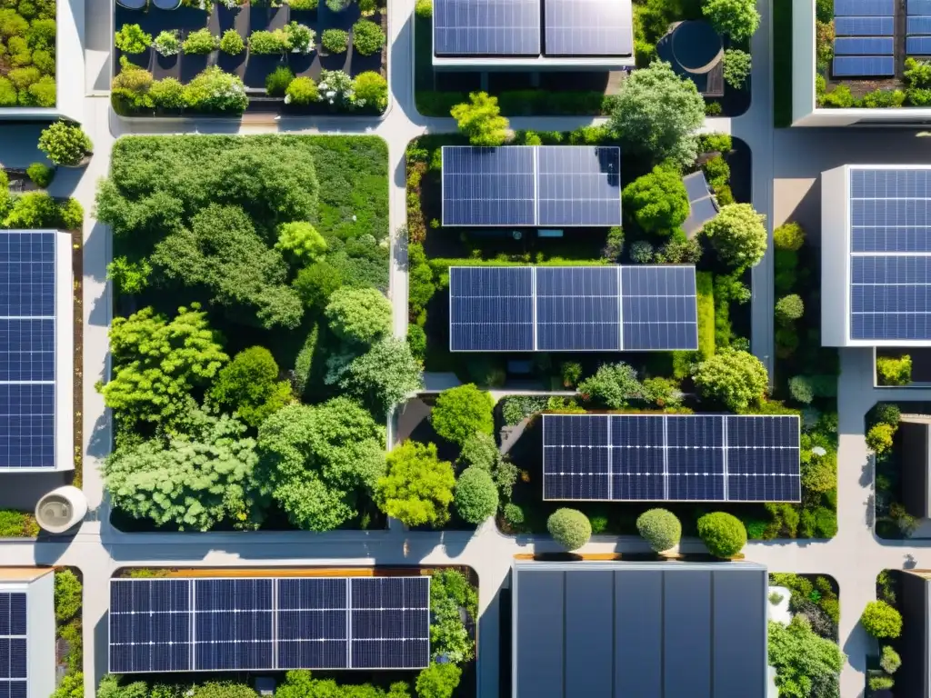 Vista aérea de la integración de paneles solares y techos verdes en la ciudad