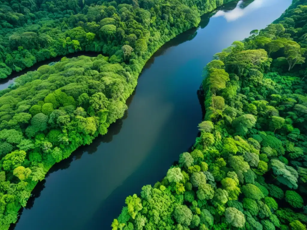 Vista aérea de un intrincado y vasto sistema de ríos en una exuberante selva, mostrando la disponibilidad futura de agua en ecosistemas