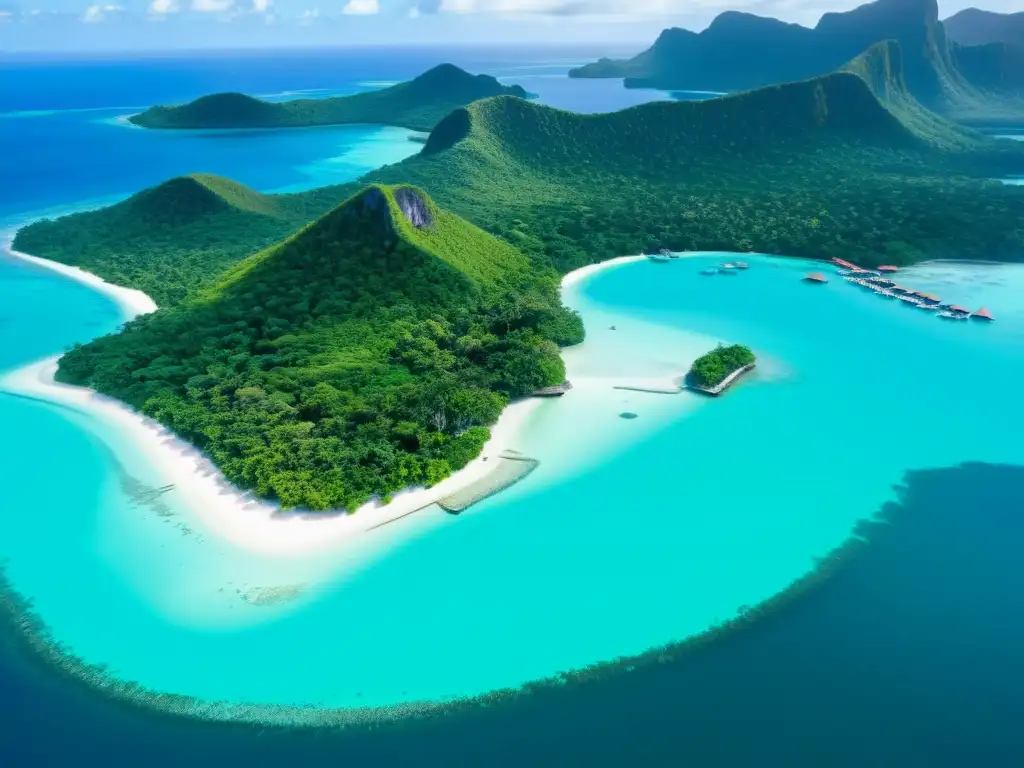 Vista aérea de isla con ecoturismo comunitario en laguna turquesa, arrecife de coral y canoa tradicional en el mar