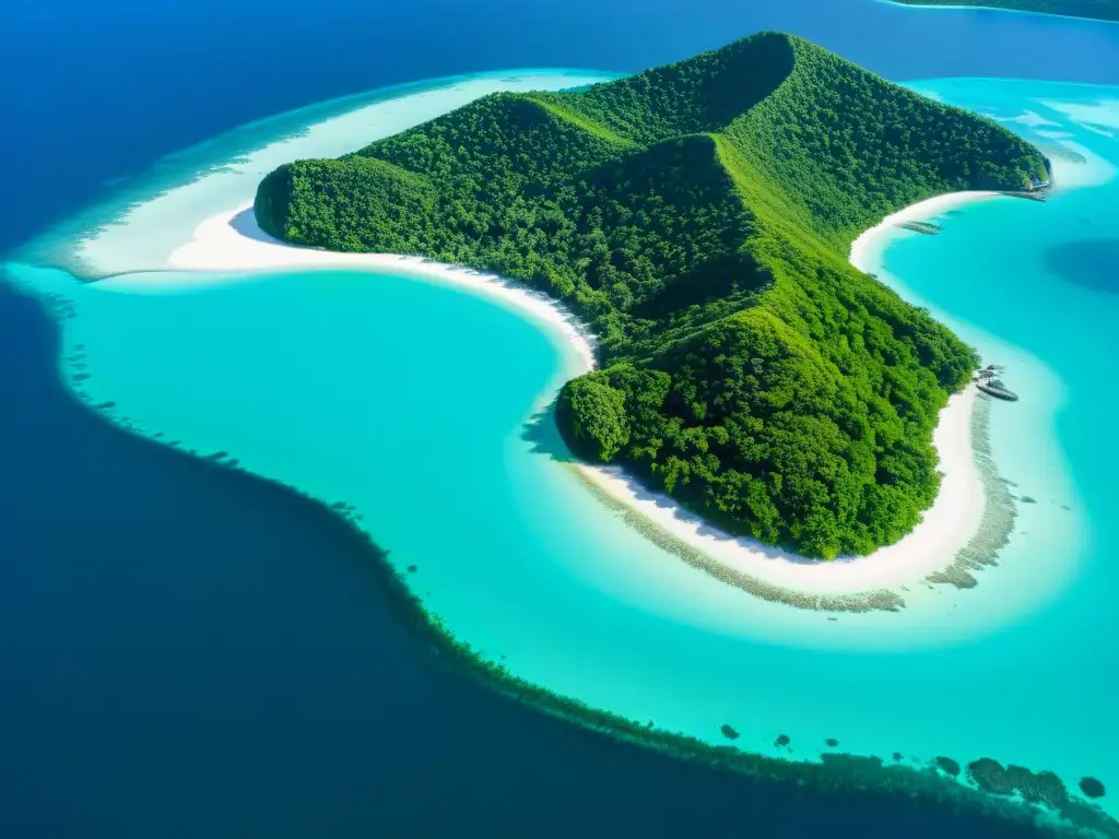 Vista aérea de una isla remota y virgen rodeada de aguas turquesa, con exuberante vegetación