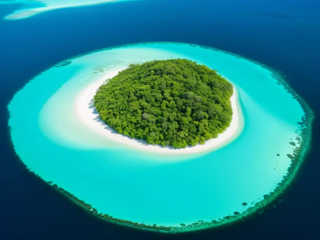 Vista aérea de isla remota con diversa flora y fauna