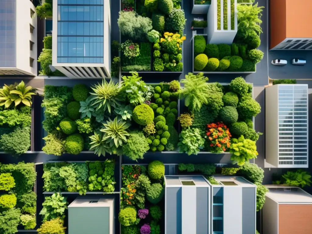 Vista aérea de jardines verticales en ecosistemas urbanos, donde la naturaleza y la arquitectura se fusionan en un oasis urbano vibrante y próspero