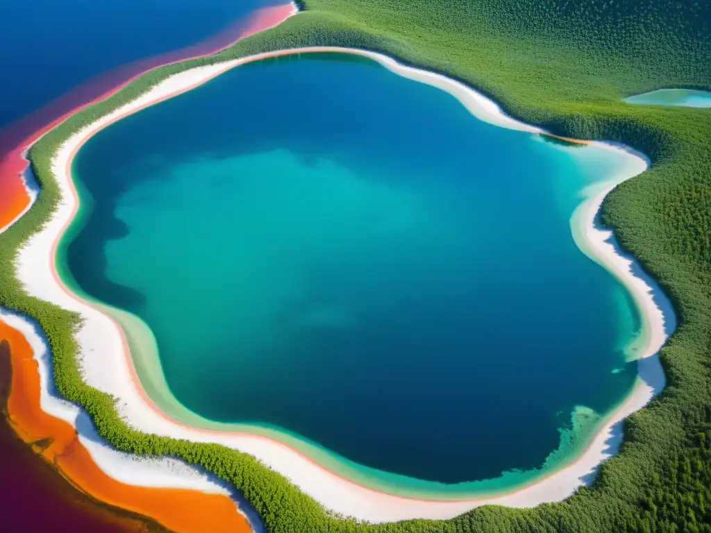 Vista aérea de un lago alcalino sereno con biota de lagos alcalinos, vegetación verde vibrante y depósitos de sal blanca