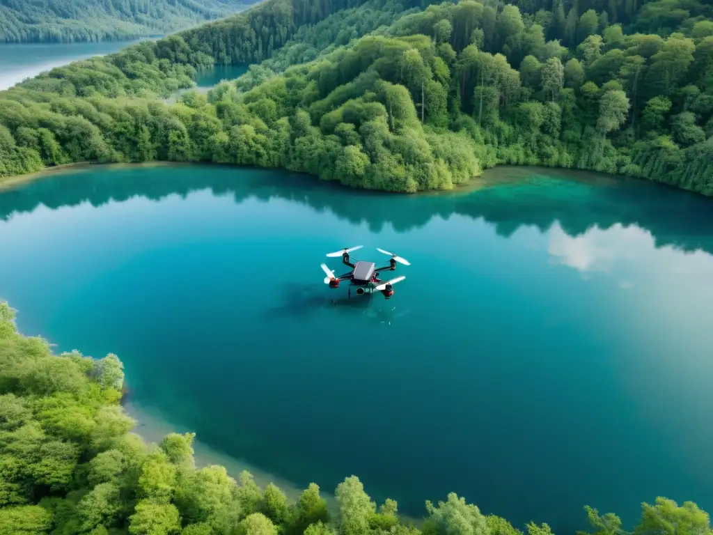 Vista aérea de un lago azul rodeado de exuberante vegetación, con un dron capturando la escena tranquila