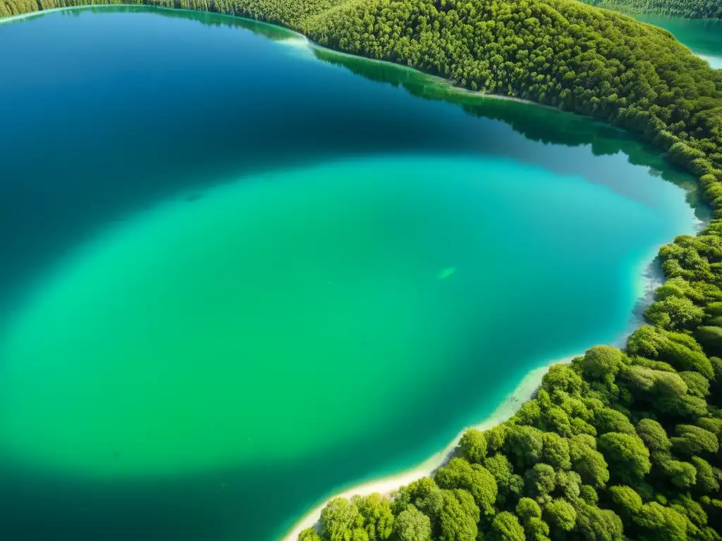 Vista aérea de un lago cristalino rodeado de exuberante vegetación, con la luz del sol reflejándose en el agua, destacando la diversa vida acuática y la composición química del ecosistema acuático