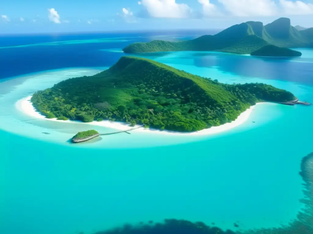 Vista aérea de un lago turquesa rodeando una isla verde, con ecoturismo comunitario en islas: snorkel, kayak y artesanías