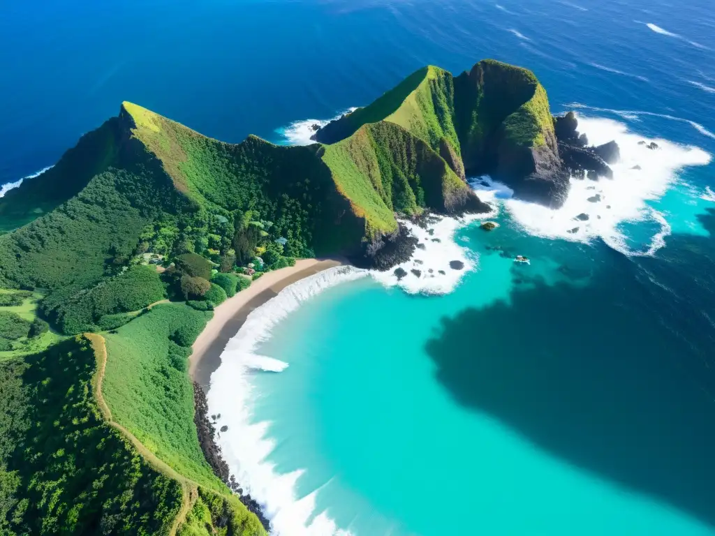 Vista aérea del legado ecológico de las Islas Pitcairn: aguas turquesas, acantilados verdes y aislamiento natural