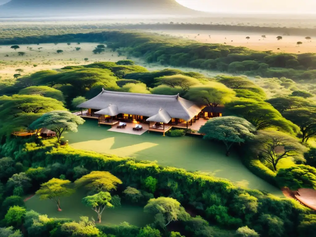 Vista aérea de lodge ecológico en la sabana africana, rodeado de naturaleza y vida silvestre