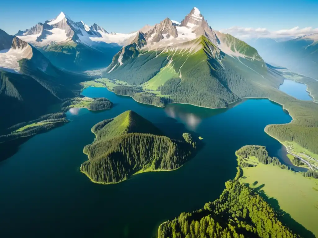 Vista aérea de majestuosa cordillera nevada y lago alpino, reflejando picos