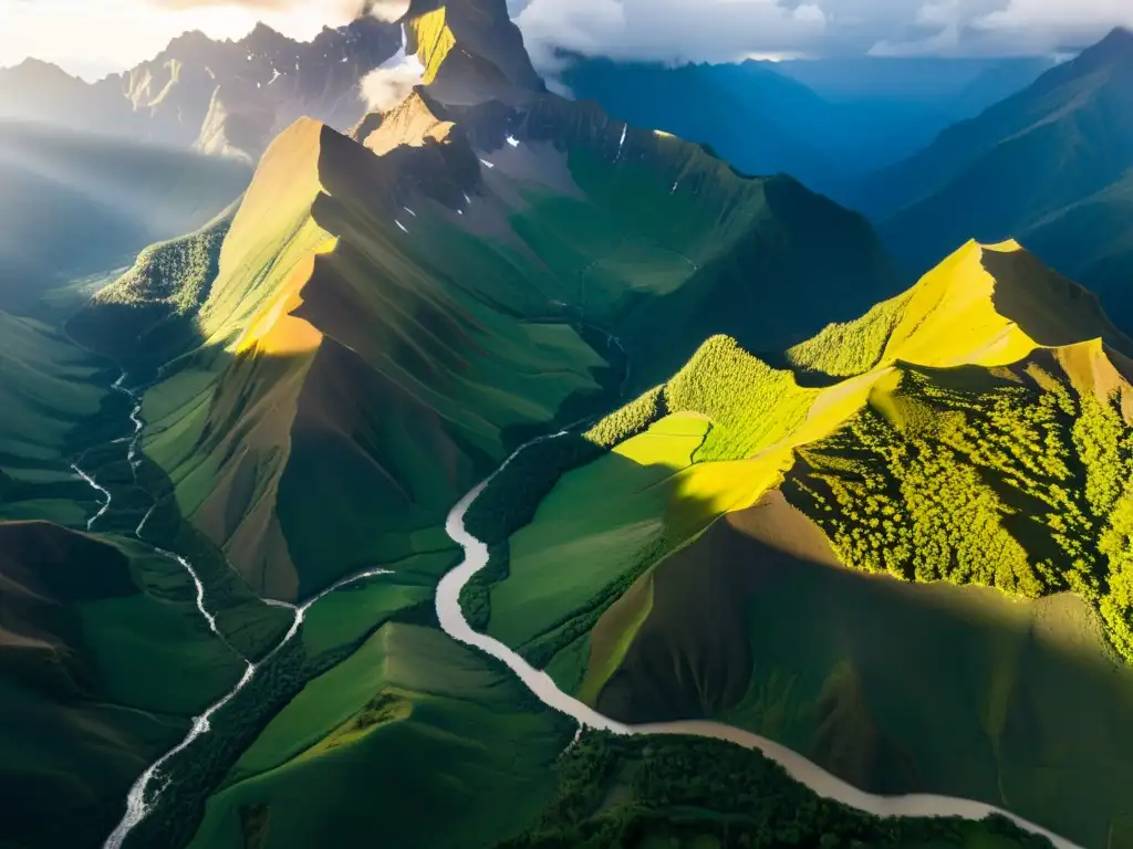 Vista aérea de majestuosas montañas Andes con ríos serpenteantes, picos nevados y senderistas