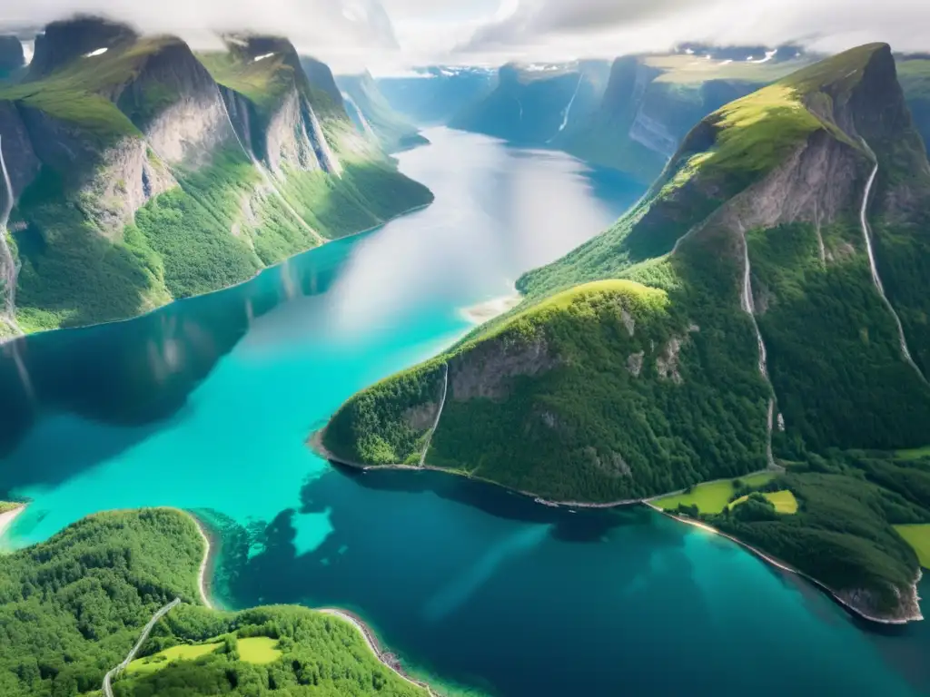 Vista aérea del majestuoso fiordo noruego, con aguas turquesa y montañas verdes, mostrando la belleza natural y serenidad del ecosistema