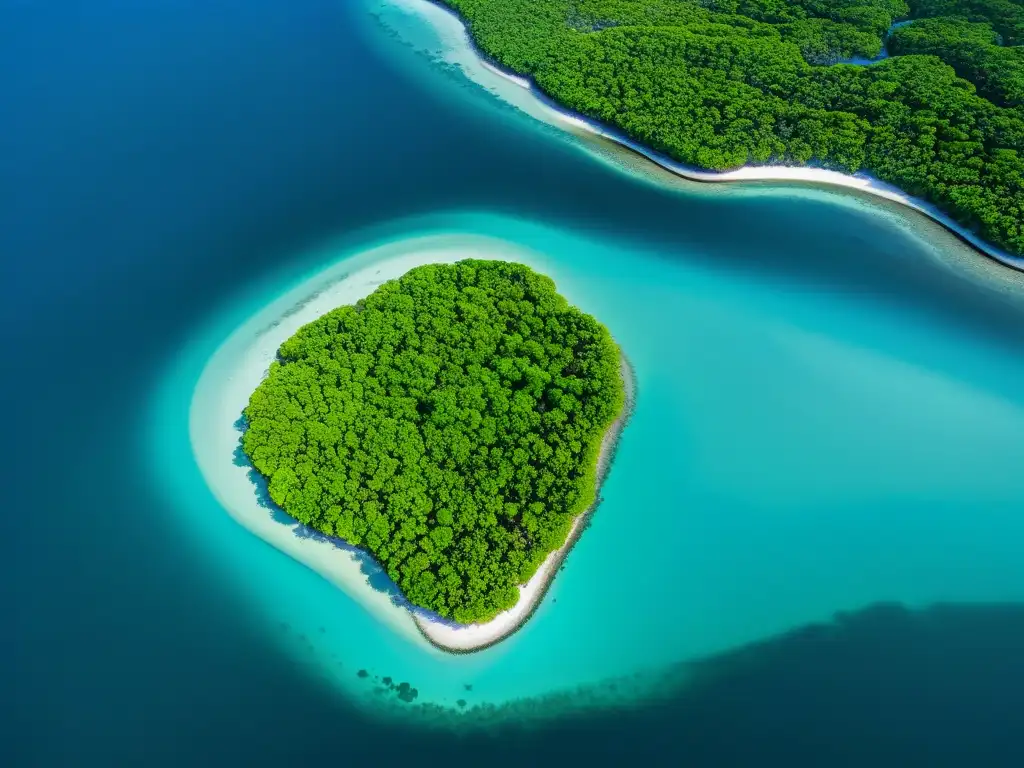 Vista aérea de manglares que se entrelazan con arrecifes de coral, mostrando su relación dinámica