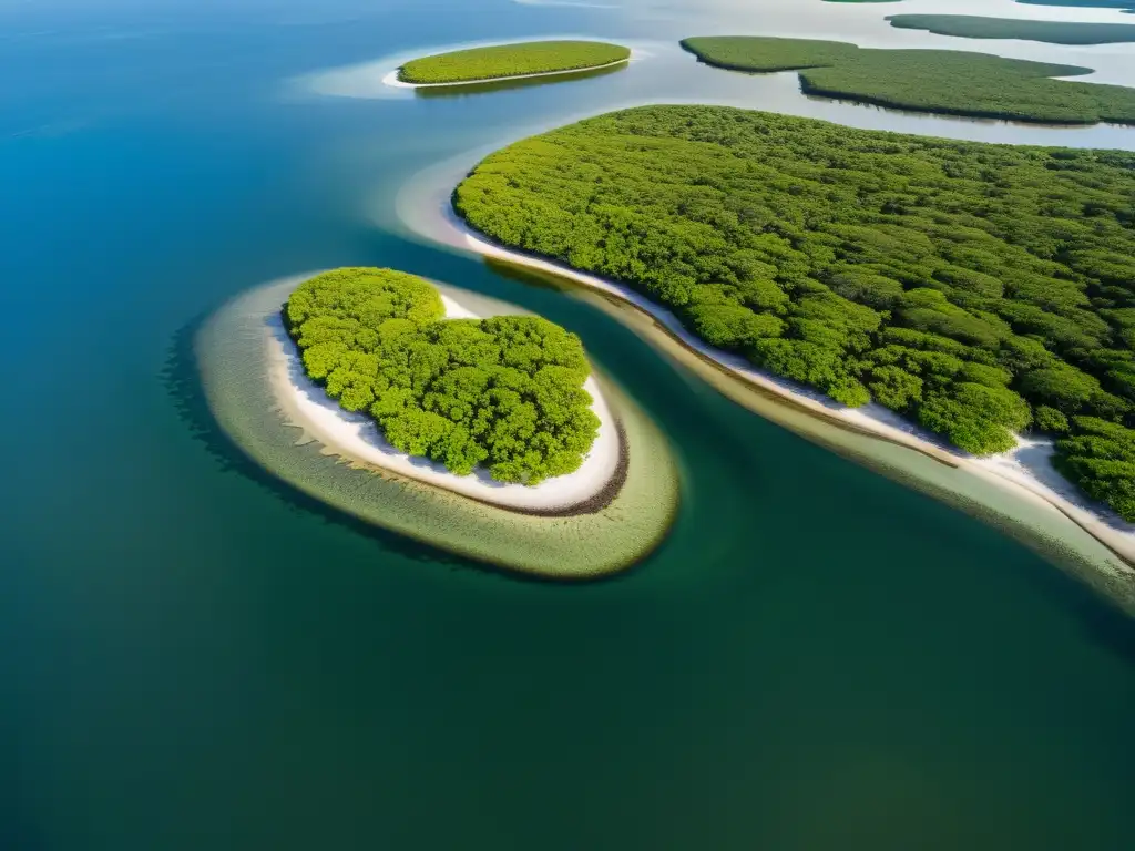 Vista aérea de manglares en costa tranquila, con raíces y biodiversidad