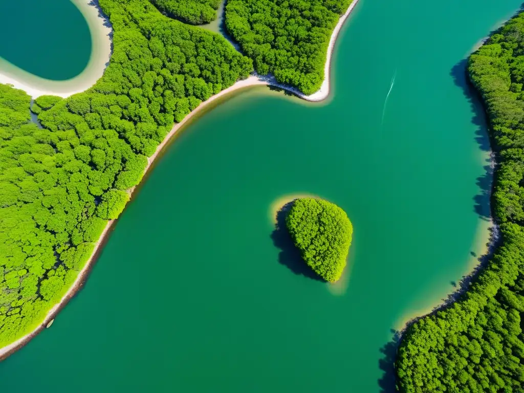 Vista aérea de manglares costeros con desarrollo costero en manglares, reflejos de luz en el agua y vegetación exuberante