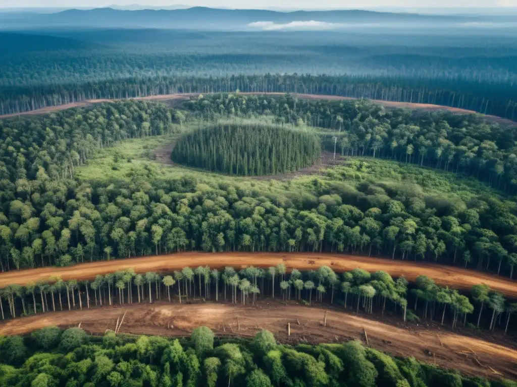 Vista aérea de desforestación masiva, con árboles talados y tierra seca