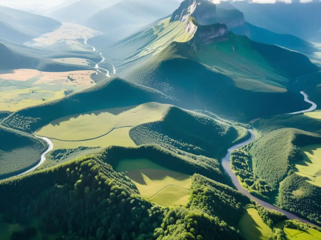 Vista aérea de montañas, ríos y bosques en zona fronteriza, destacando la cooperación transfronteriza en conservación