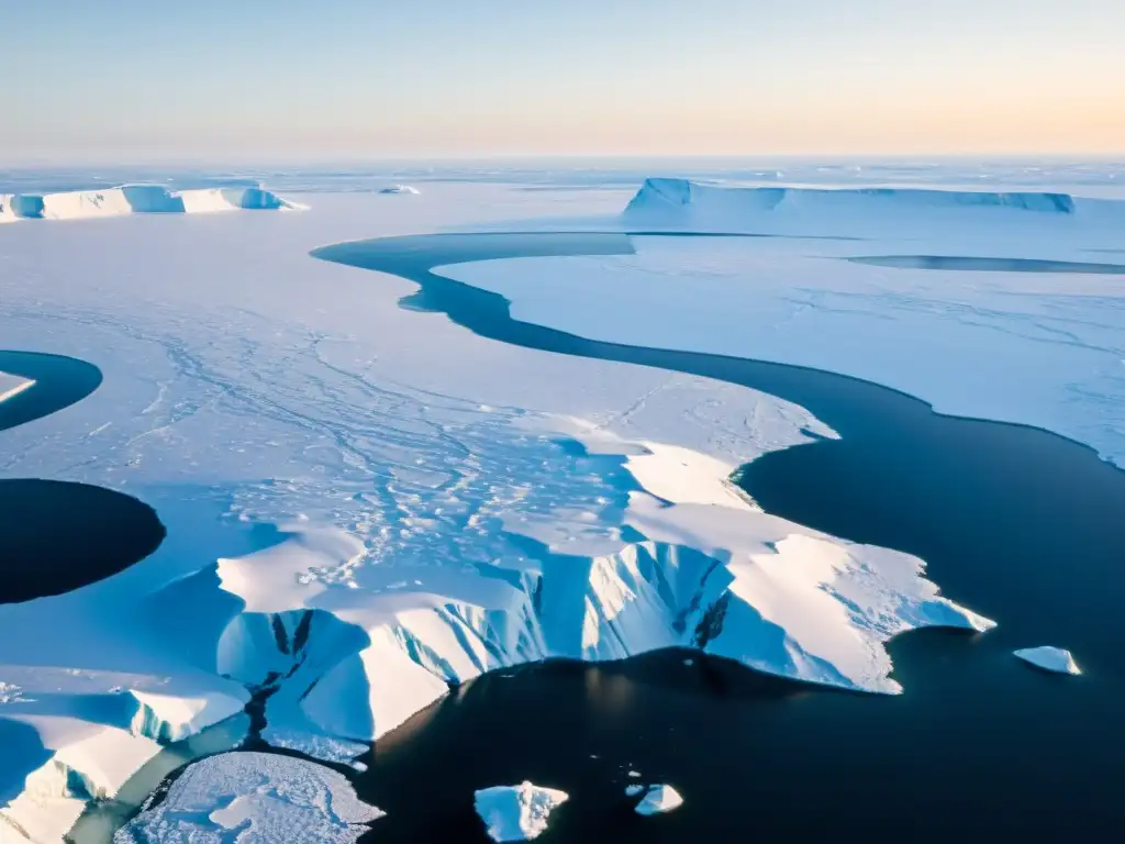 Vista aérea del paisaje ártico con hielo y nieve, mostrando fenómenos globales en el Ártico y la vida silvestre