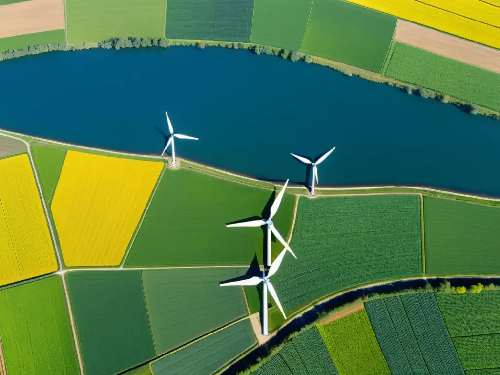 Vista aérea de un paisaje agrícola diverso y exuberante con campos verdes, ríos serpenteantes y energía renovable