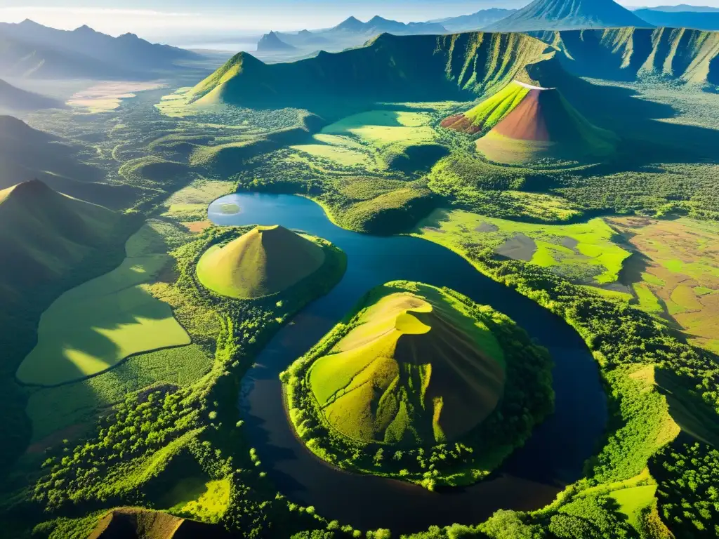 Vista aérea de un paisaje exuberante con río serpenteante entre montañas volcánicas