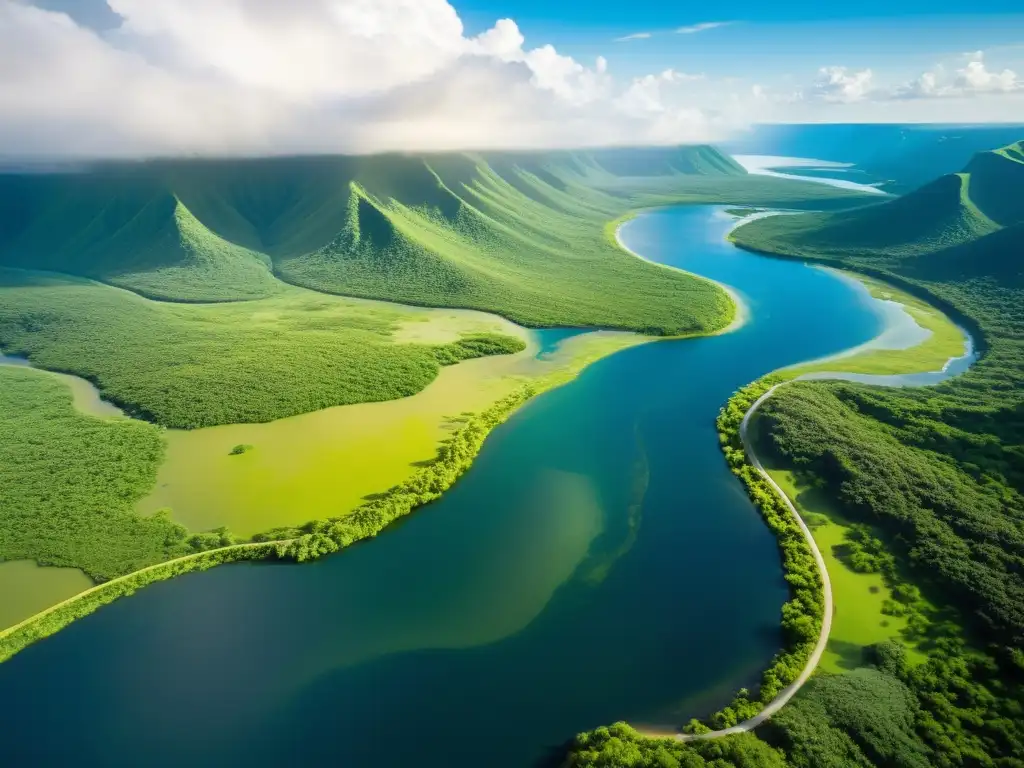 Vista aérea de un paisaje exuberante con ríos serpenteantes y lagos, resaltando la importancia de legislaciones para conservación de aguas