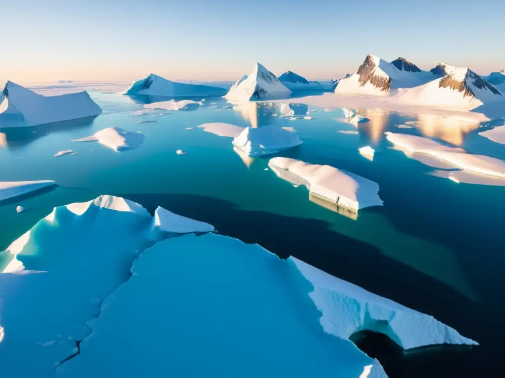 Vista aérea de paisaje polar con icebergs flotando en aguas turquesas, montañas nevadas y sol poniente