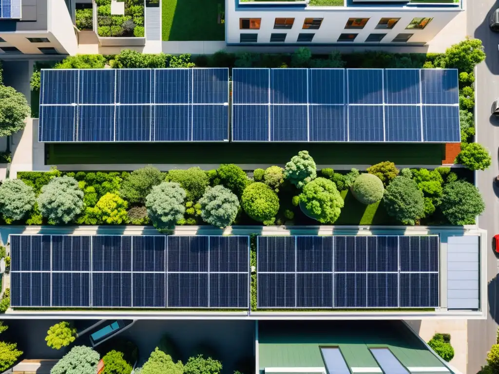 Vista aérea de paisaje urbano con techos verdes y paneles solares integrados