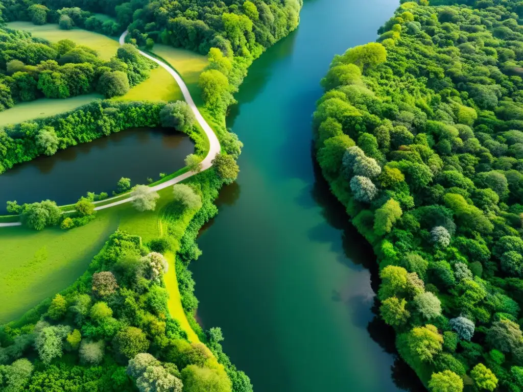 Vista aérea de paisaje verde con río serpenteante, aves, ciervos y castores mostrando cooperación entre especies en recursos hídricos