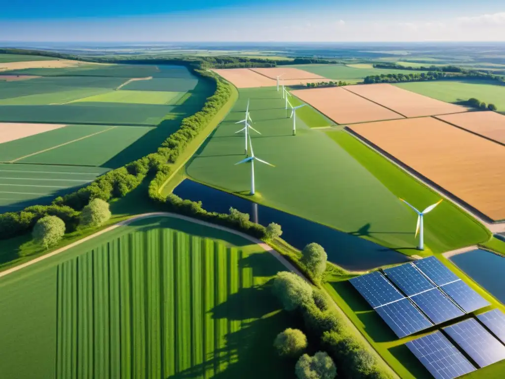 Vista aérea de un paisaje verde con turbinas eólicas y paneles solares