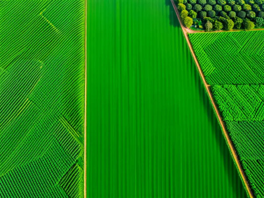 Vista aérea de paisaje agrícola verde exuberante con agricultura de precisión para proteger ecosistemas