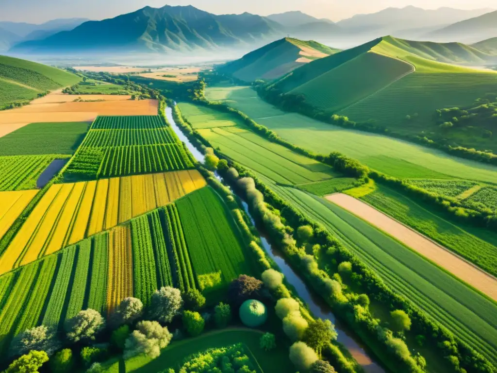 Vista aérea de paisaje agrícola verde y extenso, con ríos serpenteantes y agricultores trabajando, bañado por la cálida luz del atardecer