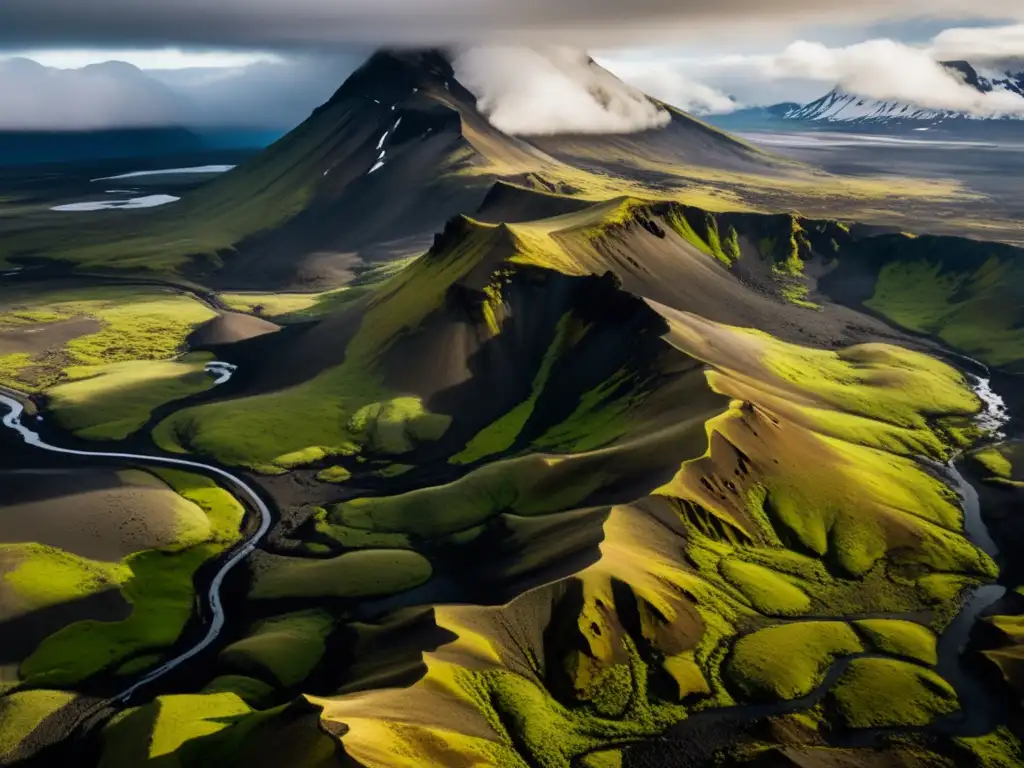 Vista aérea de paisaje volcánico en Islandia, con picos nevados, valles escarpados, vapores y senderistas