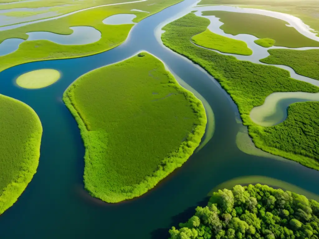 Vista aérea de pantanos y humedales exuberantes, con vida silvestre diversa y red de agua, ideal para tours por pantanos y humedales