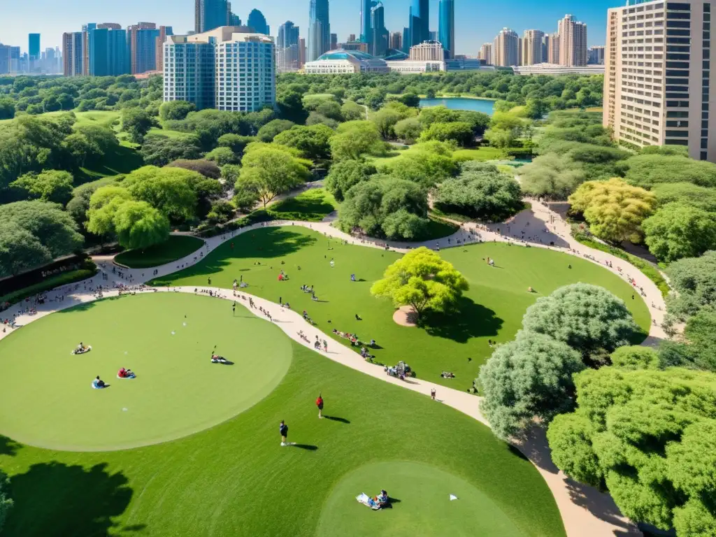 Vista aérea de un parque urbano con vegetación exuberante y personas disfrutando de actividades al aire libre