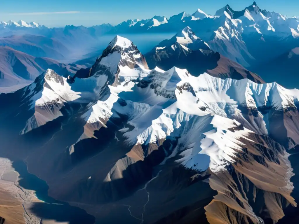 Vista aérea de picos nevados de los Andes, mostrando la imponente grandeza y los riesgos del cambio climático en zonas de montaña