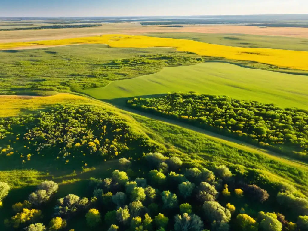 Vista aérea de pradera exuberante y diversa, donde conviven ganado y naturaleza, destacando la tecnología para conservación de praderas