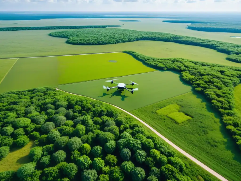 Vista aérea de pradera exuberante con tecnología para conservación de praderas