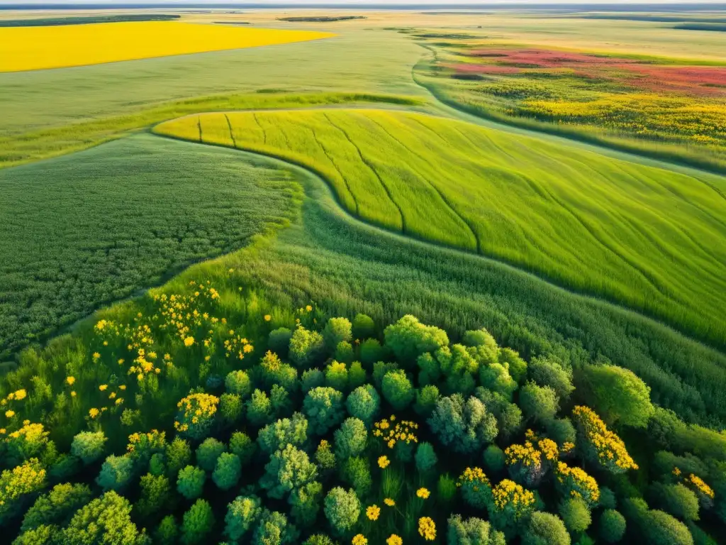 Vista aérea de una pradera exuberante y vibrante que muestra la rica biodiversidad