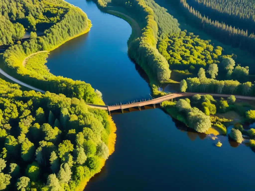 Vista aérea de una presa de castores que altera el flujo del río, creando un ecosistema acuático interconectado