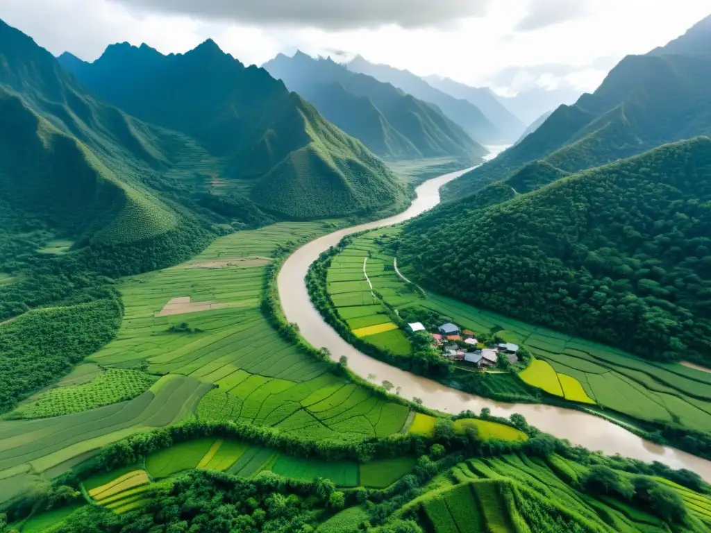 Vista aérea de pueblos indígenas y ecosistemas de montaña, en armonía con la naturaleza