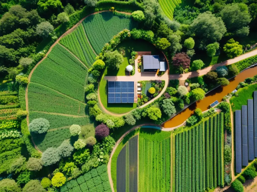 Vista aérea de un retiro de permacultura en un paisaje exuberante, destacando la integración armónica de prácticas sostenibles