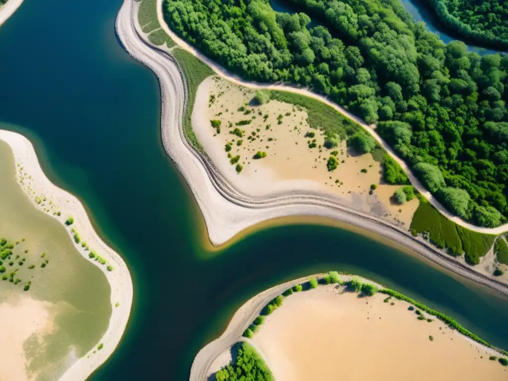 Vista aérea de un río degradado con impacto humano, evidenciando la restauración de ríos degradados técnicas para mejorar el ecosistema acuático